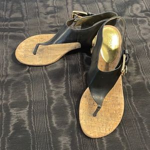 Michael Kors black leather sandals, gold buckle, chunky heel, size 6 1/2 M